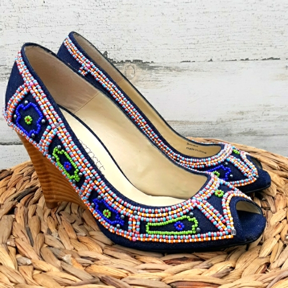 Jessica Bennett Shoes - EUC JESSICA BENNETT JKIRABU DENIM & BEADED HEELS